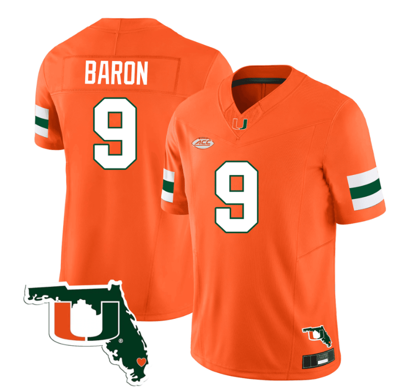 Tyler Baron Jersey #9 Miami Hurricanes Florida Map College Football Stitched Orange