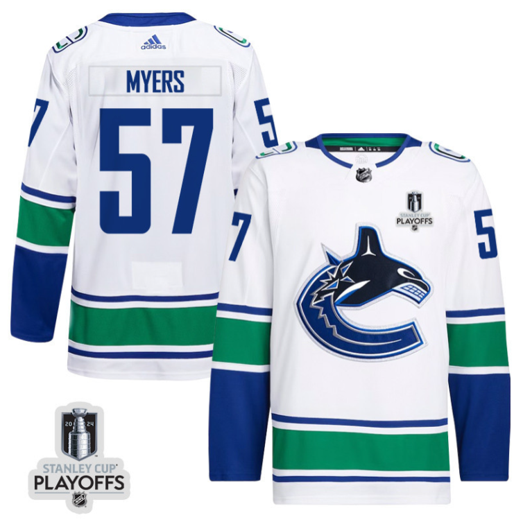 Tyler Myers 57 Vancouver Canucks 2024 NHL Playoffs Patch Away Jersey - Men, White