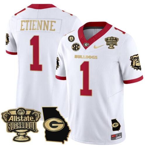 Trevor Etienne Jersey #1 Georgia Bulldogs 2025 Sugar Bowl Patch Vapor White Gold Trim