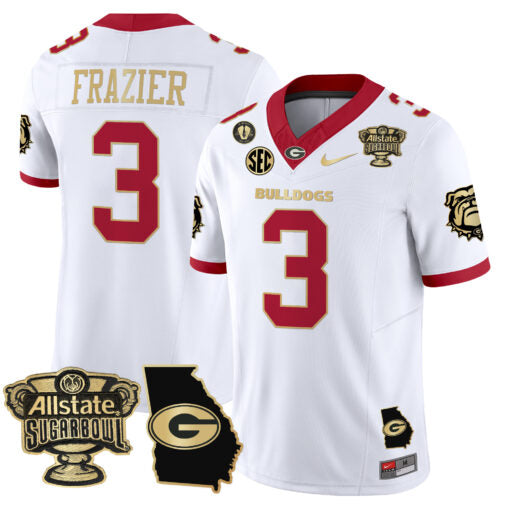 Nate Frazier Jersey #3 Georgia Bulldogs 2025 Sugar Bowl Patch Vapor White Gold Trim