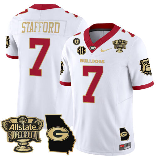 Matthew Stafford Jersey #7 Georgia Bulldogs 2025 Sugar Bowl Patch Vapor White Gold Trim