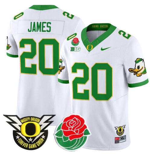 Jordan James Jersey #20 Oregon Ducks 2025 Rose Bowl Game Patch Vapor White