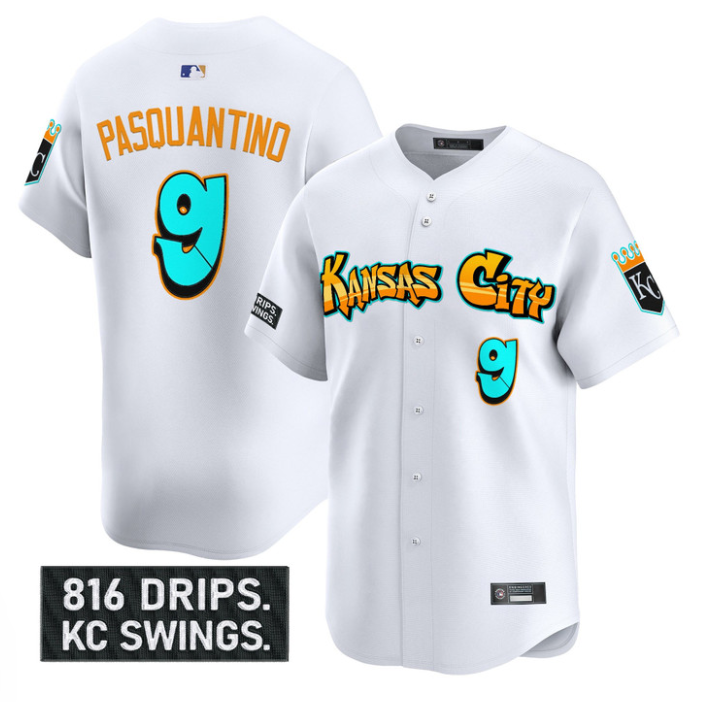 Vinnie Pasquantino Jersey #9 Kansas City Royals Graffiti Crown Drop White