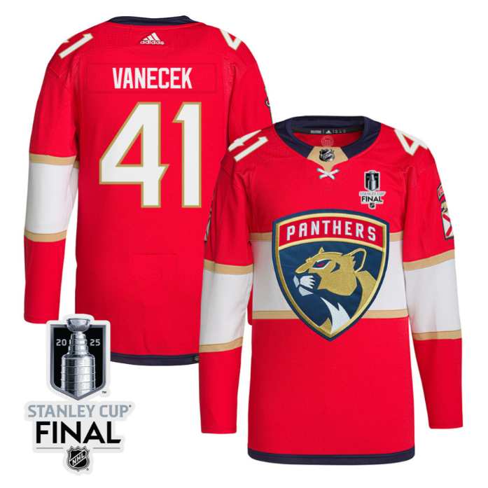 Vitek Vanecek 41 Florida Panthers 2025 STANLEY CUP Final Patch Home Men Jersey Red