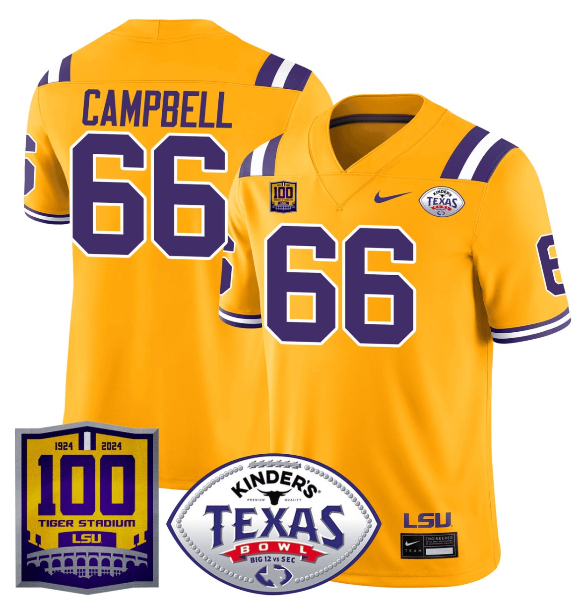 Will Campbell Jersey #66 LSU Tigers Texas Bowl Patch Football Gold