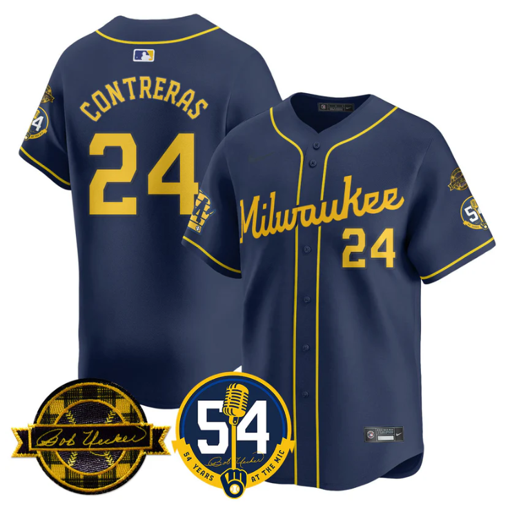 William Contreras Jersey #24 Milwaukee Brewers 2025 Bob Uecker, 54 Seasons for Brewers Stitched Navy
