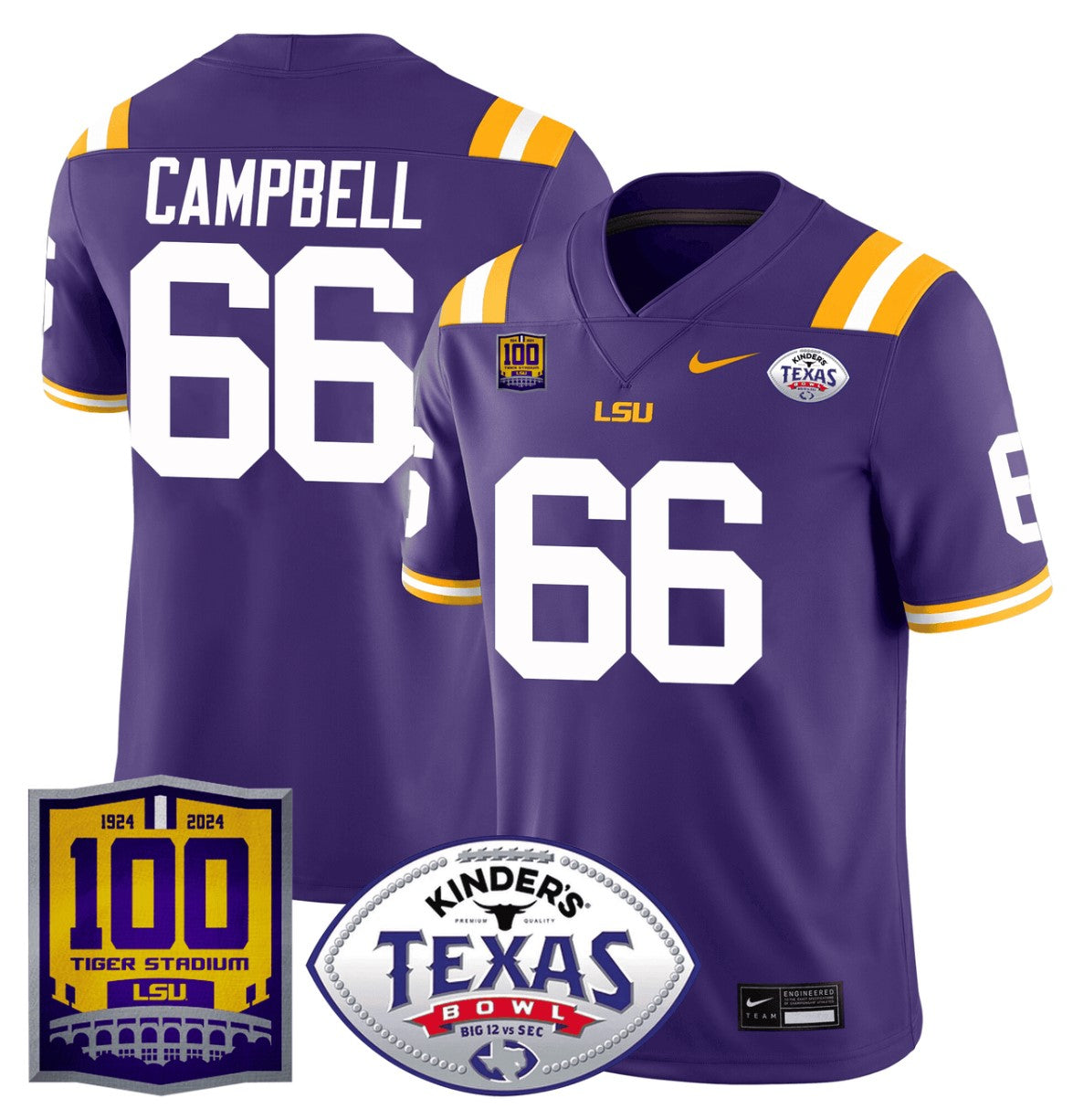 Will Campbell Jersey #66 LSU Tigers Texas Bowl Patch Football Purple
