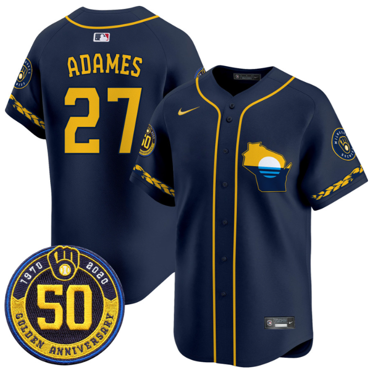 Willy Adames Jersey #27 Milwaukee Brewers Golden 50th Anniversary Patch Stitched Navy
