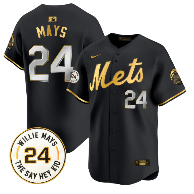 Willie Mays Jersey #24 New York Mets Willie Mays Patch Vapor Premier Limited Stitched Black Gold