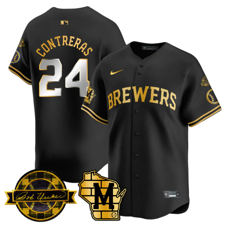 William Contreras Jersey #24 Milwaukee Brewers 2025 Limited Bob Uecker Patch Stitched Black Gold