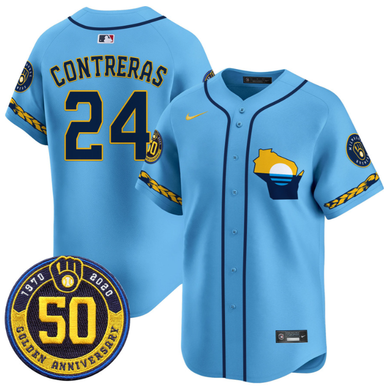 William Contreras Jersey #24 Milwaukee Brewers Golden 50th Anniversary Patch Stitched Blue