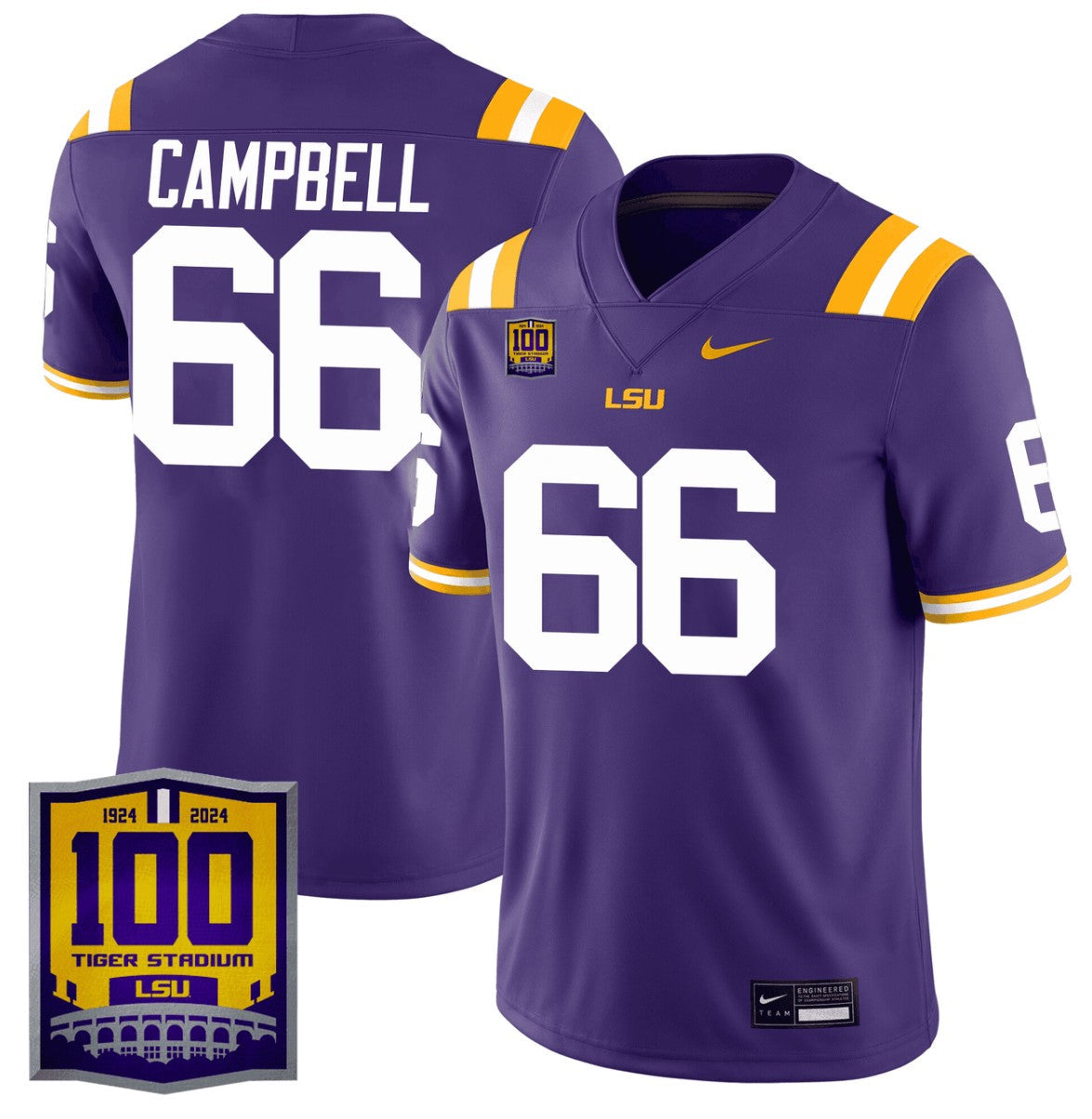 Will Campbell Jersey #66 LSU Tigers 100 Years of Tiger Stadium Patch Purple