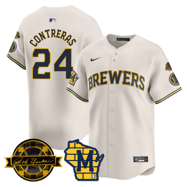 William Contreras Jersey #24 Milwaukee Brewers 2025 Limited Bob Uecker Patch Stitched Cream