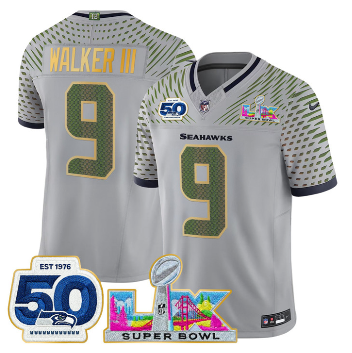 Walker III Jersey #9 Super Bowl LX & 50th Patch Gold Trim Stitched