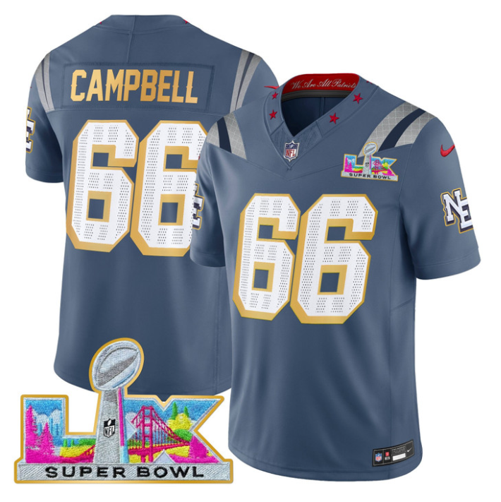 Will Campbell Jersey #66 Patriots Super Bowl LX Gold Trim Stitched