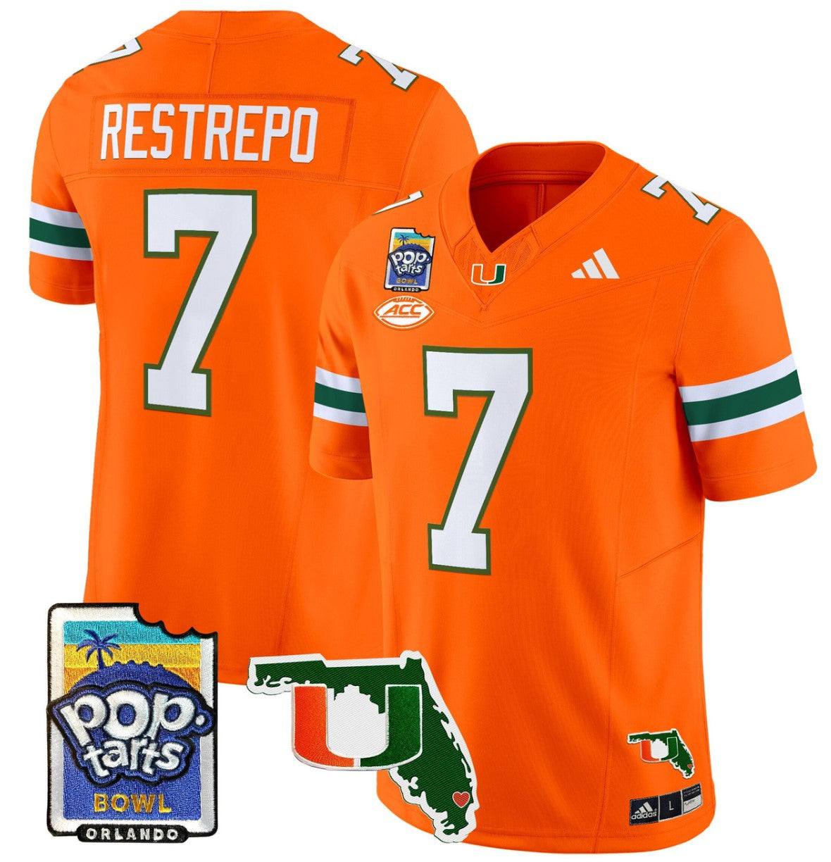 Xavier Restrepo Jersey #7 Miami Hurricanes 2025 PopTarts Bowl Patch Orange