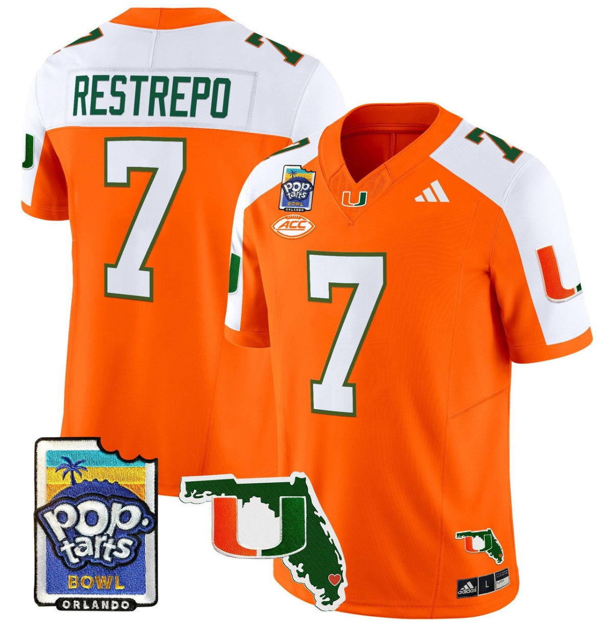 Xavier Restrepo Jersey #7 Miami Hurricanes 2025 PopTarts Bowl Patch Orange Alternate