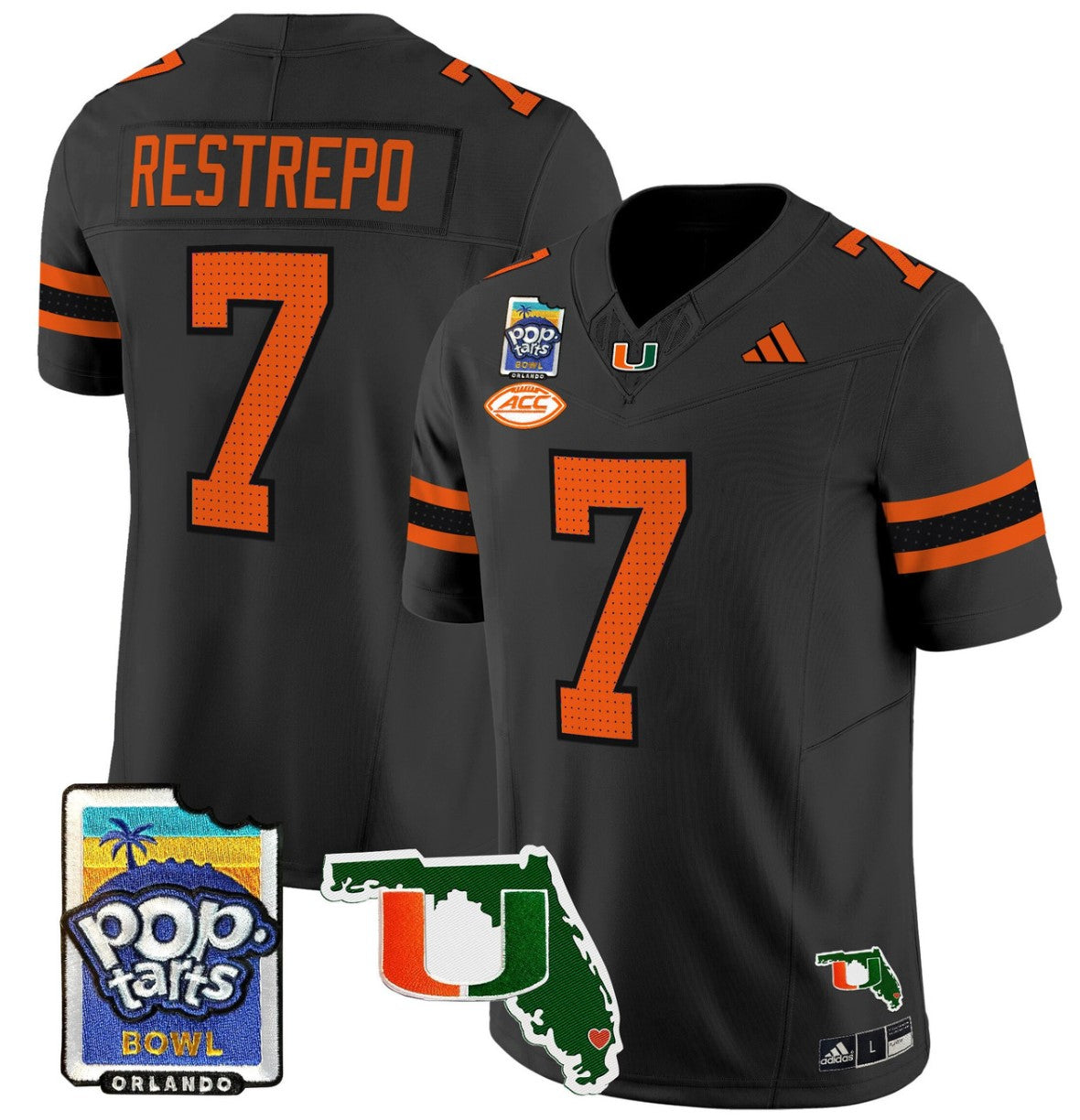 Xavier Restrepo Jersey #7 Miami Hurricanes 2025 PopTarts Bowl Patch Black