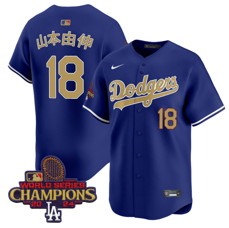Yamamoto (Kanji) Jersey #18 Dodgers 2025 Gold Vapor Premier Stitched Royal