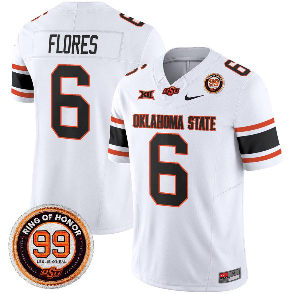 Zane Flores Jersey #6 Oklahoma State Cowboys 2025 Leslie O'neal Patch White