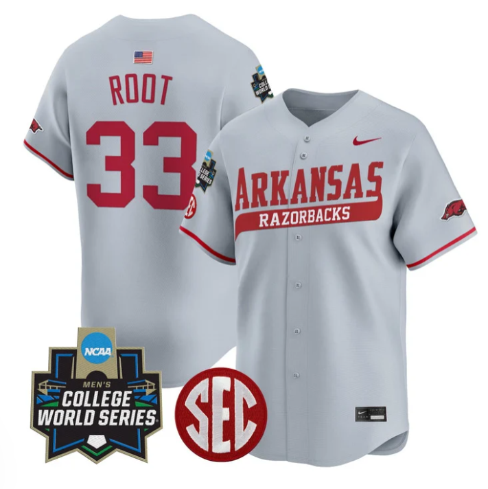 Zach Root Jersey #33 Arkansas Razorbacks 2025 World Series Stitched Gray