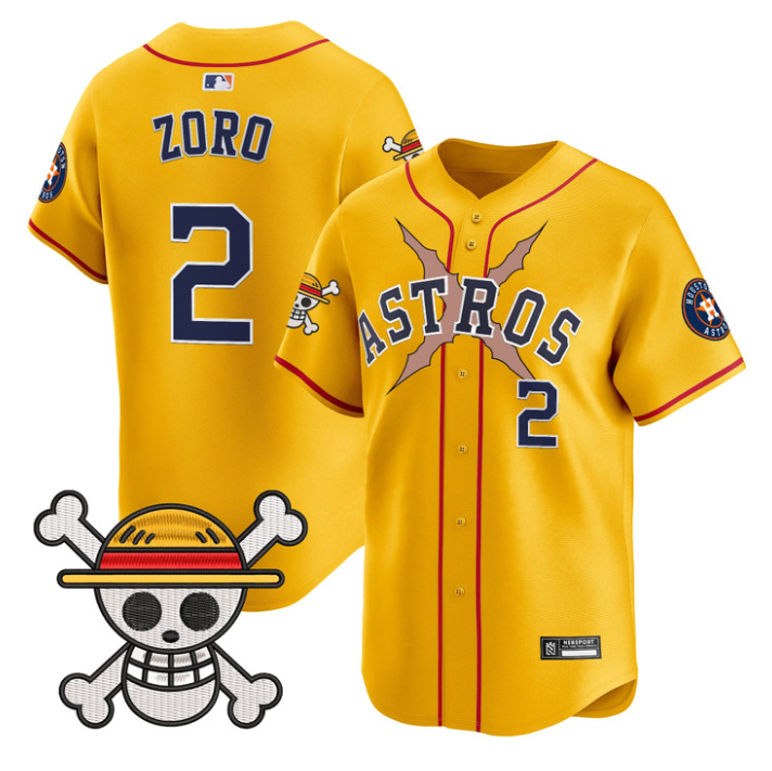 Zoro Jersey #2 Houston Astros One Piece 2025 Vapor Limited Stitched Gold