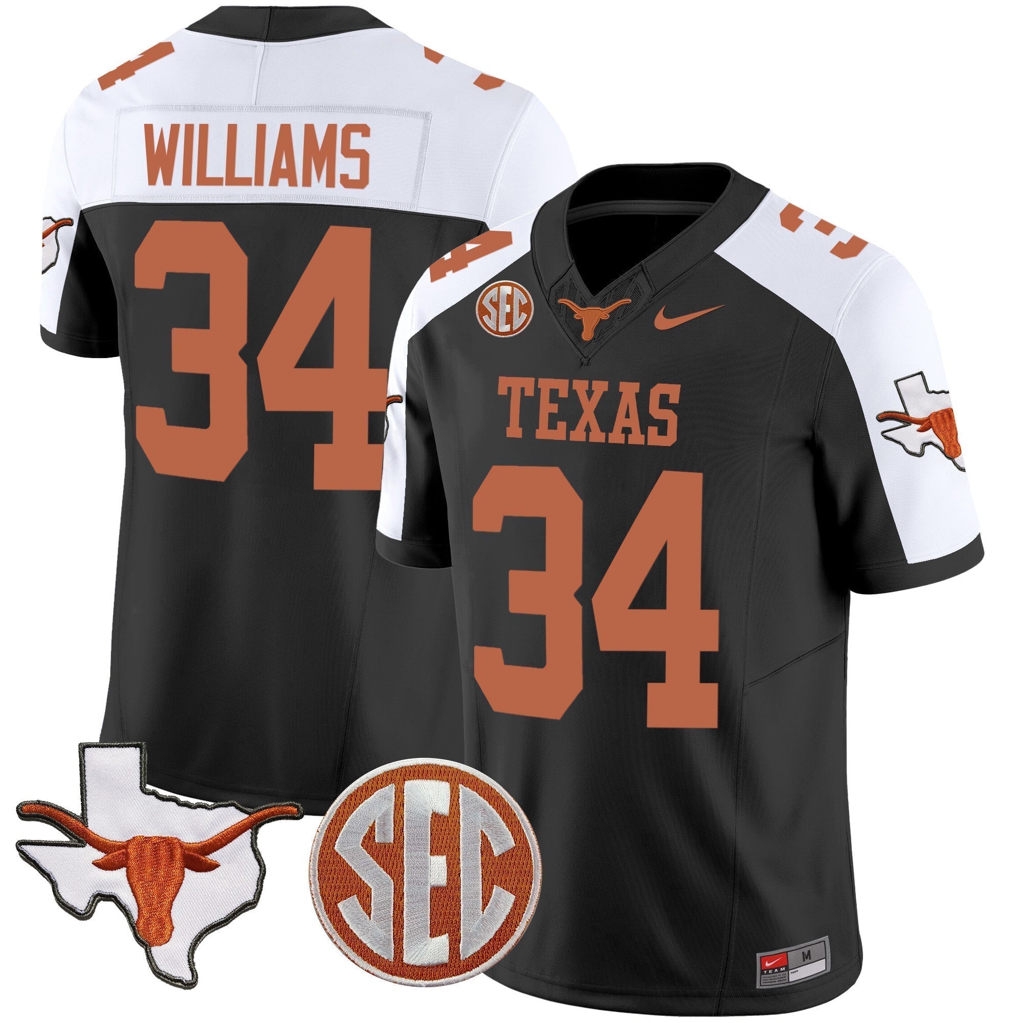 Men Texas Longhorns State Map & SEC Patch Vapor Jersey V2 - All Stitched