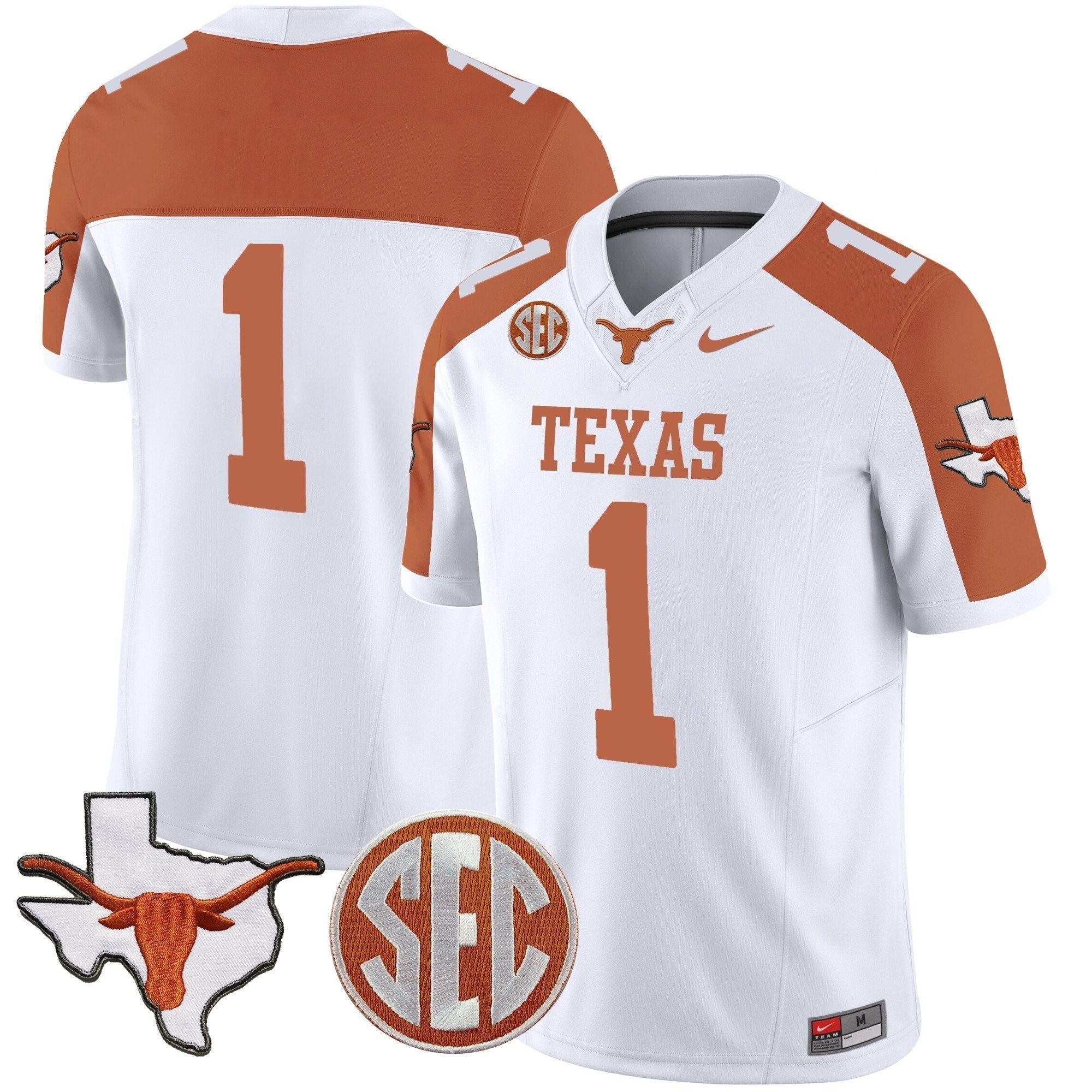 Men Texas Longhorns State Map & SEC Patch Vapor Jersey V2 - All Stitched