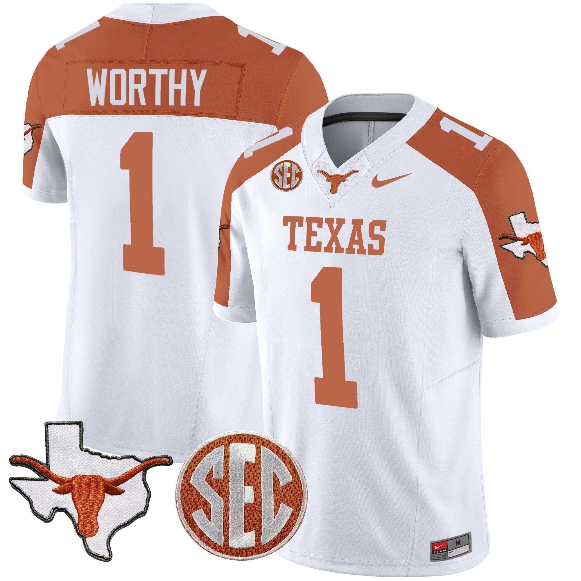 Men Texas Longhorns State Map & SEC Patch Vapor Jersey V4 - All Stitched