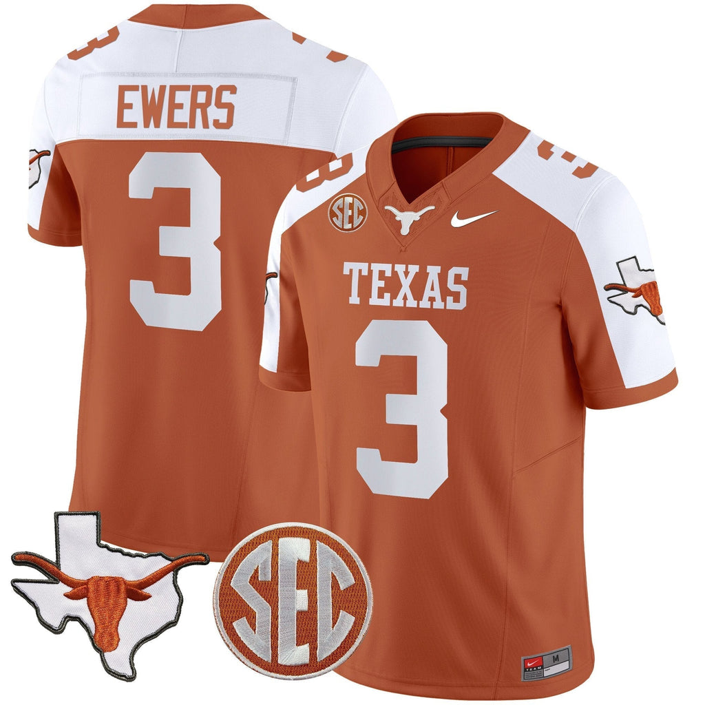 Men Texas Longhorns State Map & SEC Patch Vapor Jersey V2 - All Stitched