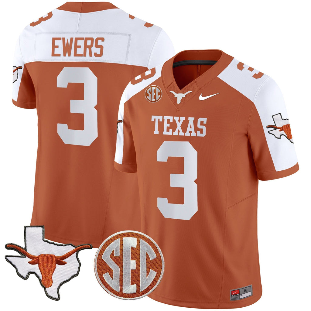 Men Texas Longhorns State Map & SEC Patch Vapor Jersey V4 - All Stitched