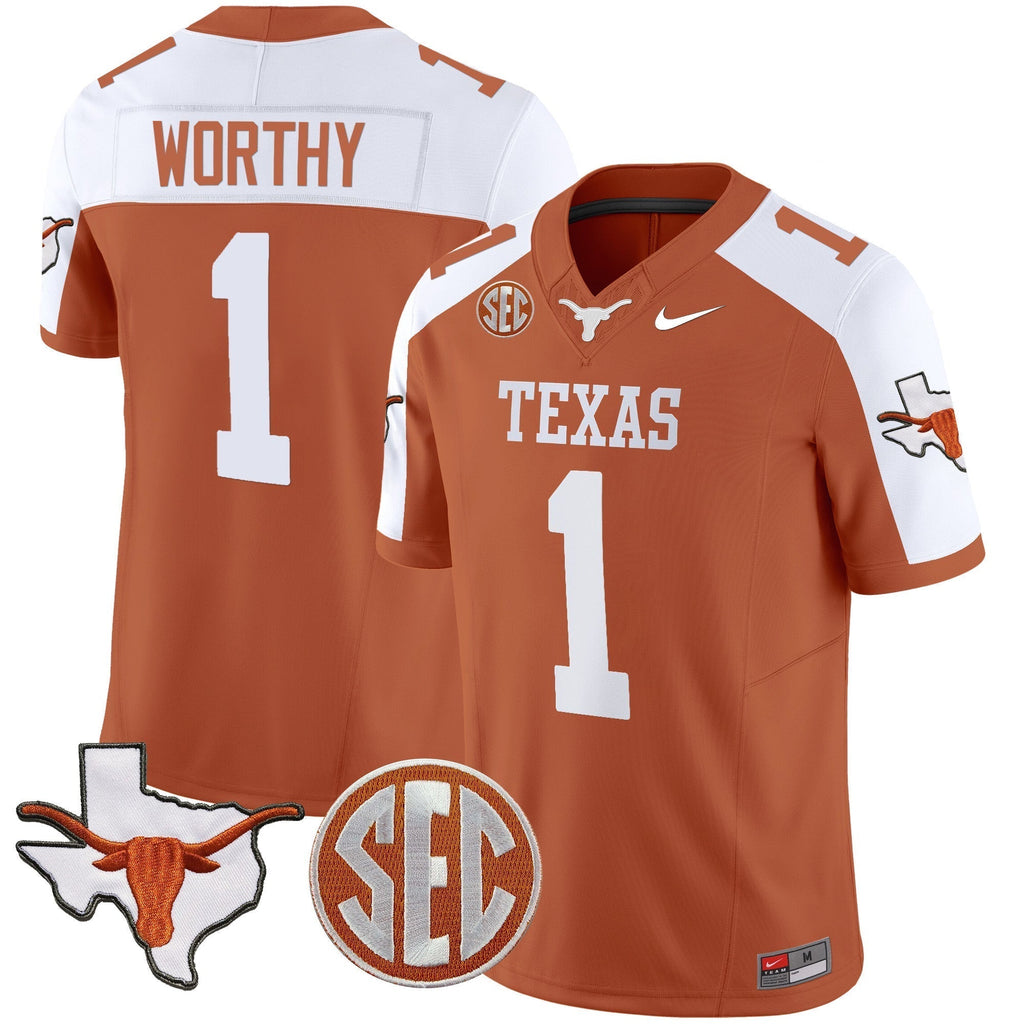 Men Texas Longhorns State Map & SEC Patch Vapor Jersey V4 - All Stitched