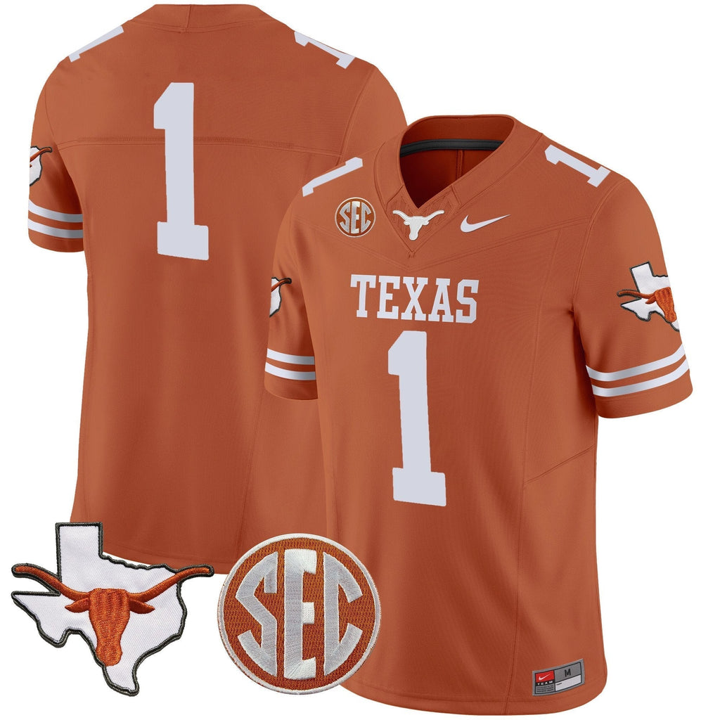 Men Texas Longhorns State Map & SEC Patch Vapor Jersey V2 - All Stitched