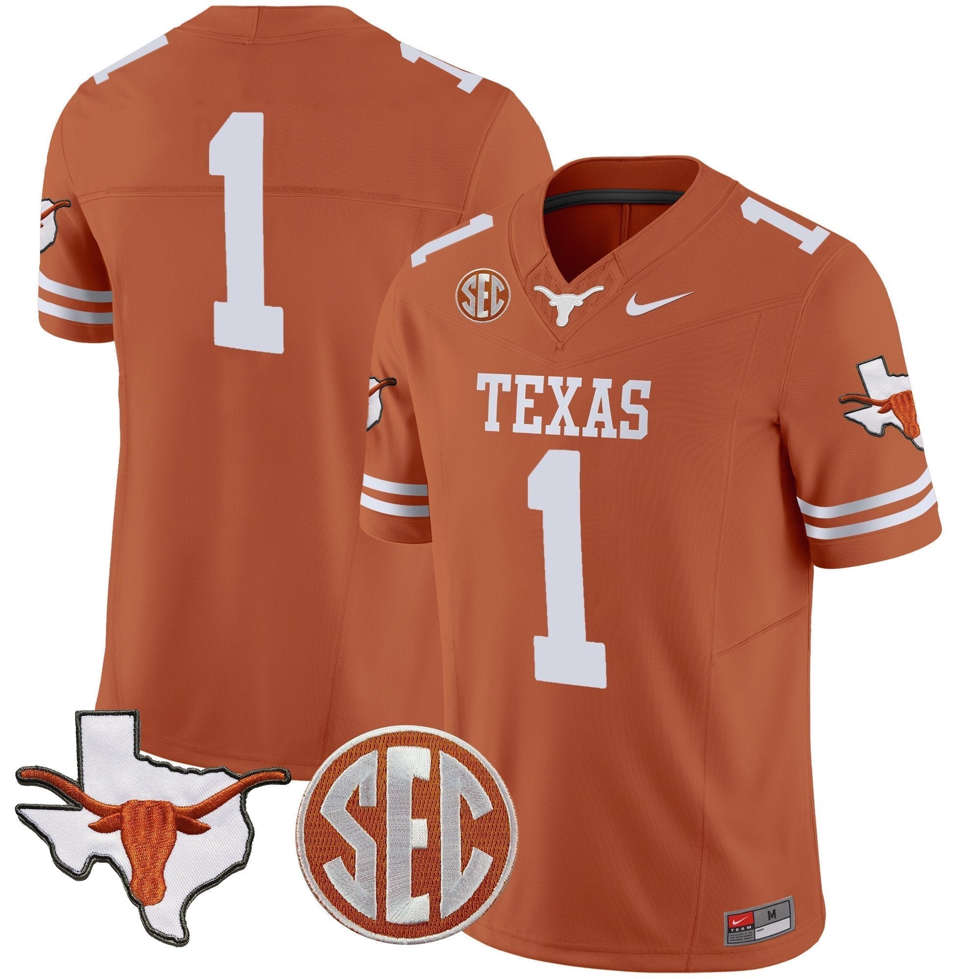 Men Texas Longhorns State Map & SEC Patch Vapor Jersey V2 - All Stitched