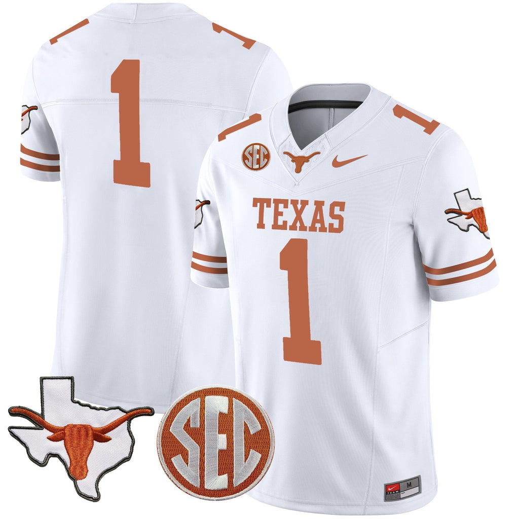 Men Texas Longhorns State Map & SEC Patch Vapor Jersey V4 - All Stitched