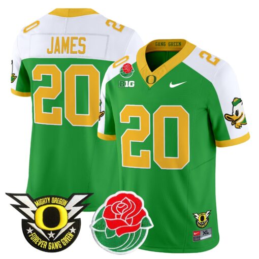 Jordan James Jersey #20 Oregon Ducks 2025 Rose Bowl Game Patch Vapor Green