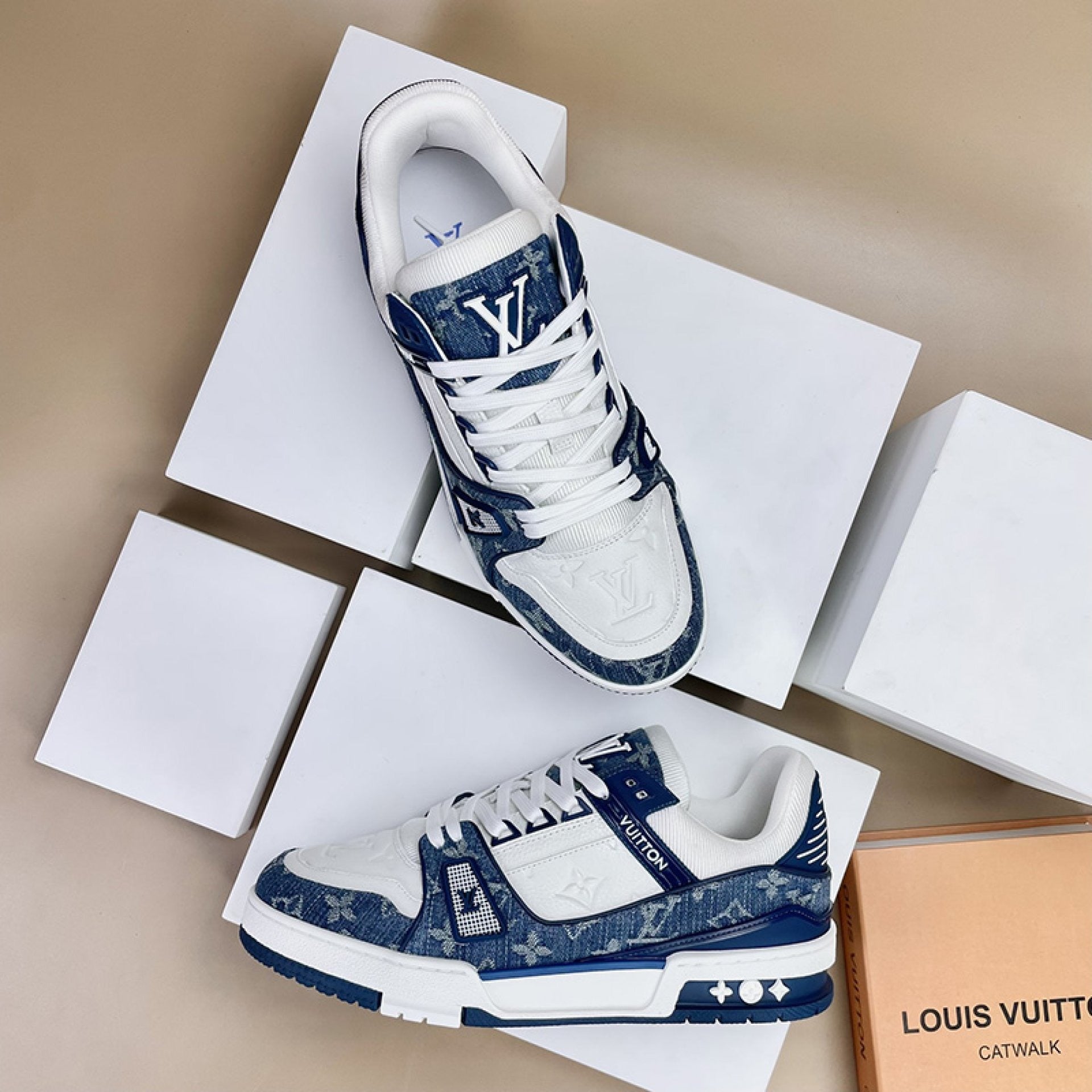 Luxury Virgil Trainer Sneakers Monogram Denim White Blue