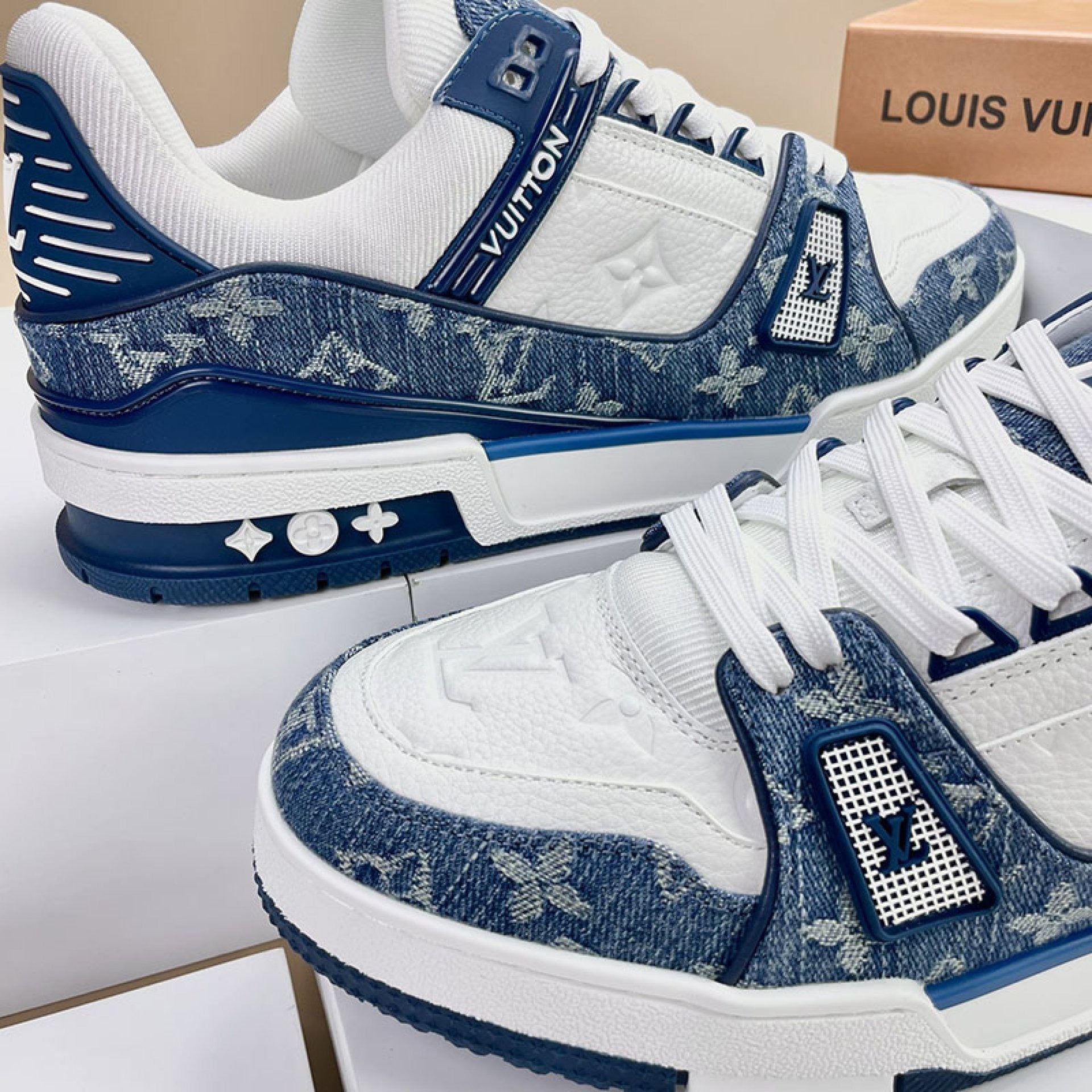 Luxury Virgil Trainer Sneakers Monogram Denim White Blue