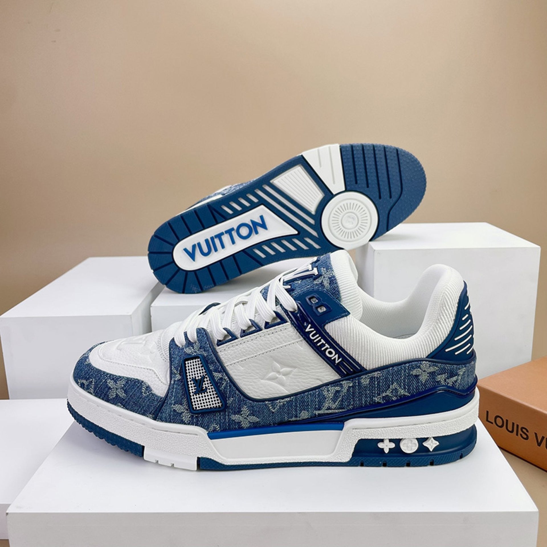 Luxury Virgil Trainer Sneakers Monogram Denim White Blue