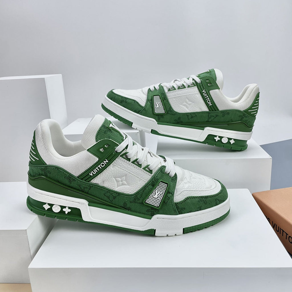 Luxury Virgil Trainer Sneakers Green Monogram Denim White