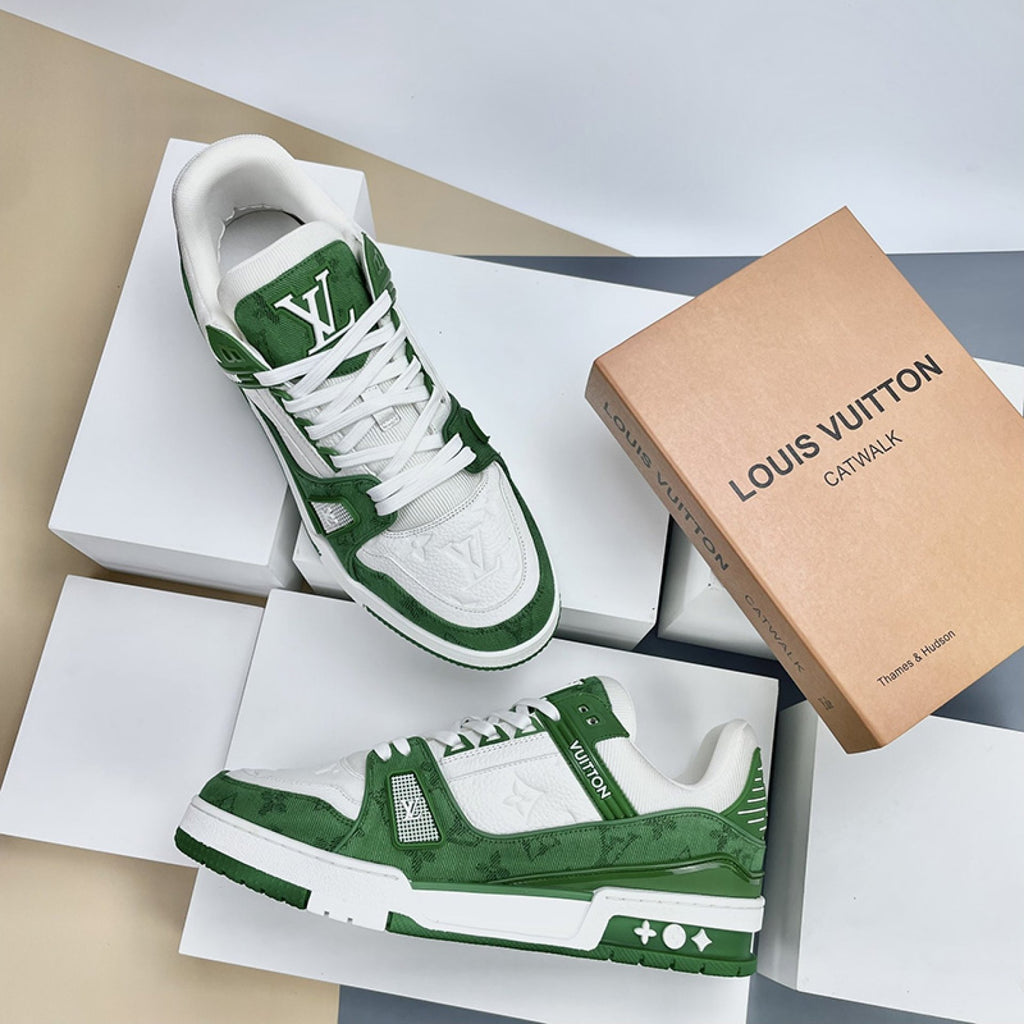 Luxury Virgil Trainer Sneakers Green Monogram Denim White