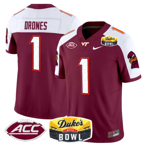 Kyron Drones Jersey #1 Virginia Tech Hokies 2025 Duke’s Mayo Bowl Patch Maroon Alternate